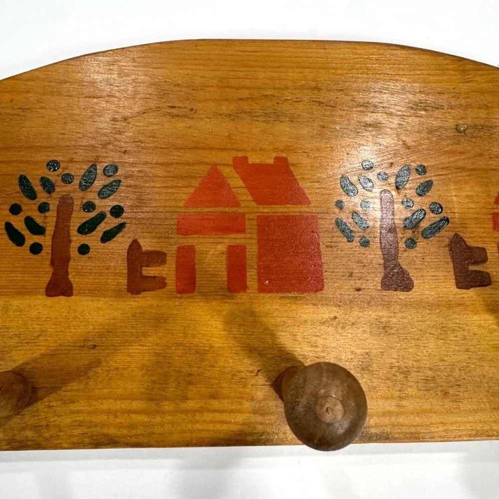 Vintage Country Folk Art Wooden Wall Rack 3 Peg House Tree Stencil Farmhouse